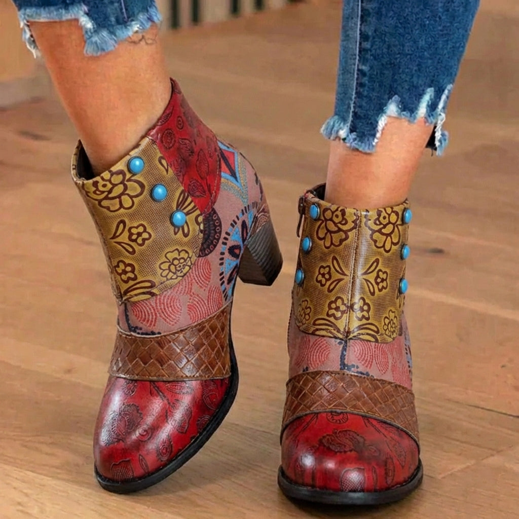 Orthopädische böhmische Patchwork-Knöchelstiefel - Geprägtes Leder