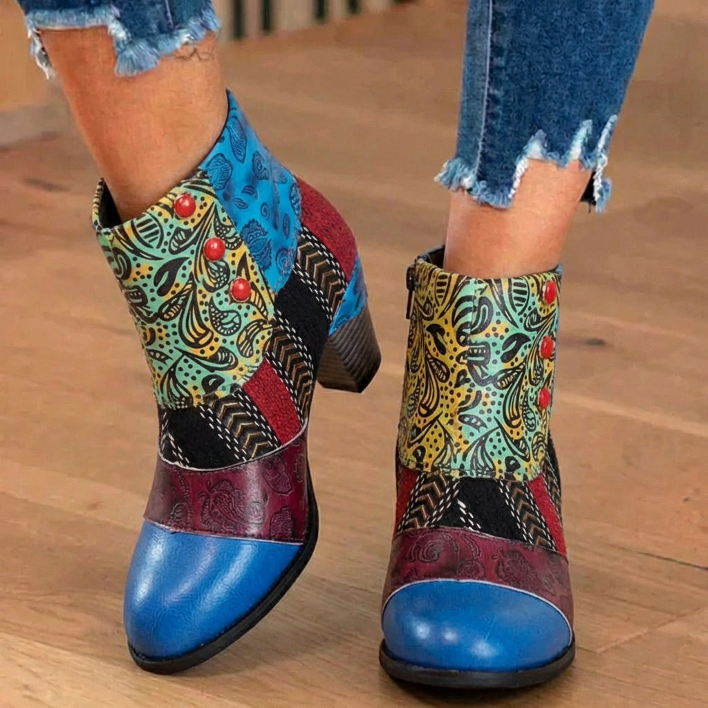 Orthopädische böhmische Patchwork-Knöchelstiefel - Geprägtes Leder