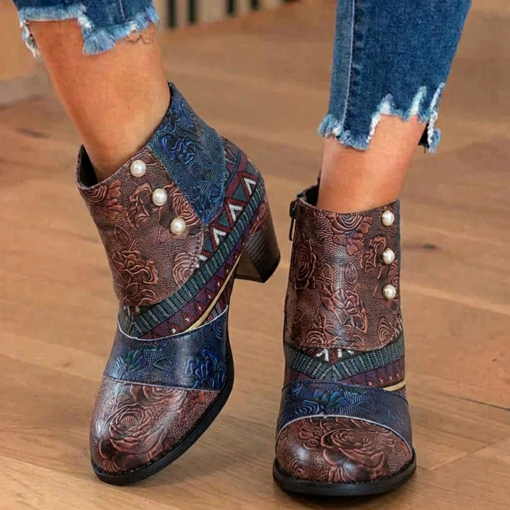 Orthopädische böhmische Patchwork-Knöchelstiefel - Geprägtes Leder