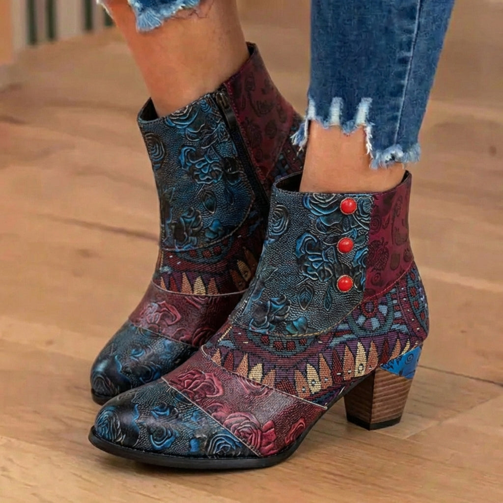 Orthopädische böhmische Patchwork-Knöchelstiefel - Geprägtes Leder