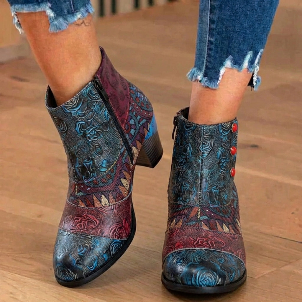 Orthopädische böhmische Patchwork-Knöchelstiefel - Geprägtes Leder