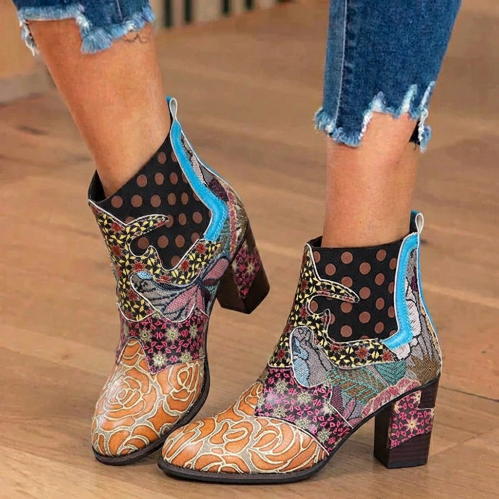 Orthopädische böhmische Patchwork-Knöchelstiefel - Geprägtes Leder