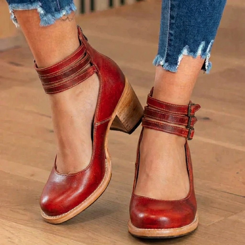 Orthopädische Lederstiefel - Blockabsatz mit doppeltem Schnallenverschluss