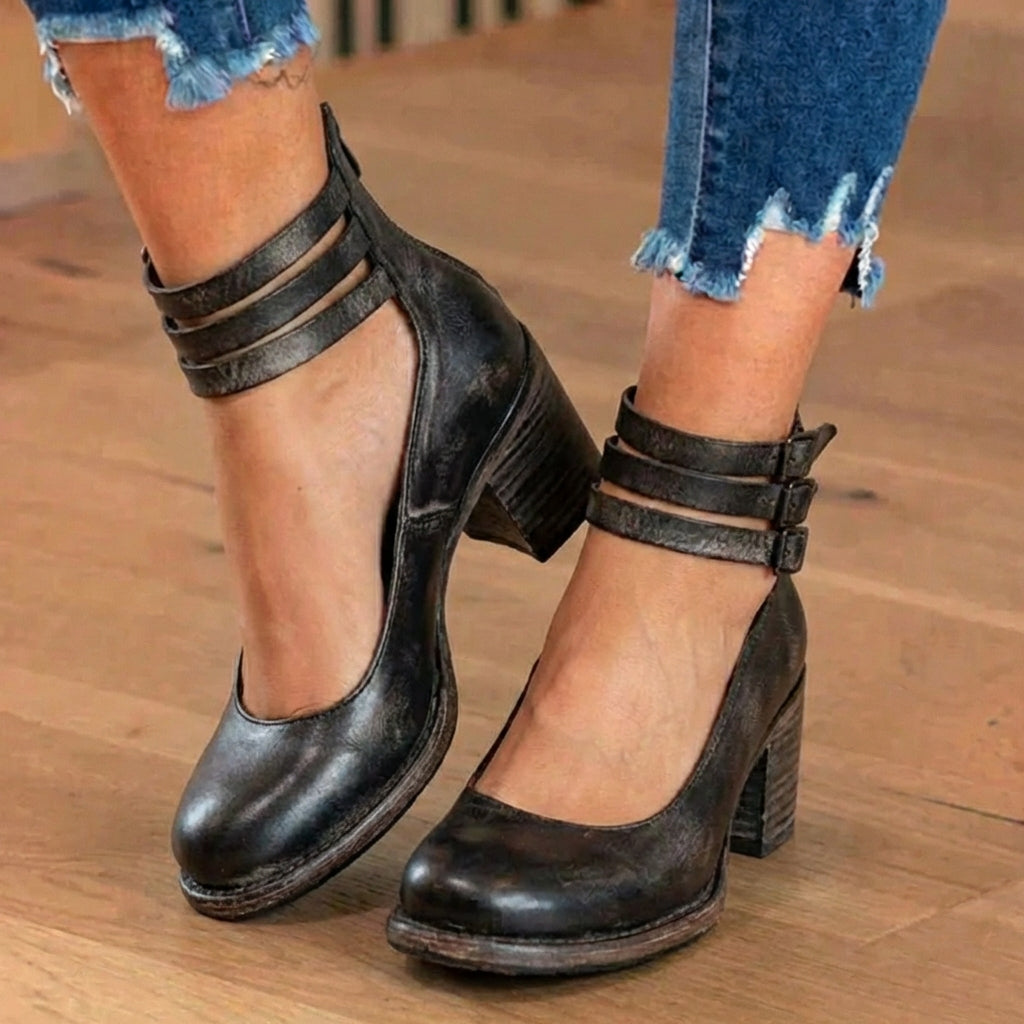 Orthopädische Lederstiefel - Blockabsatz mit doppeltem Schnallenverschluss