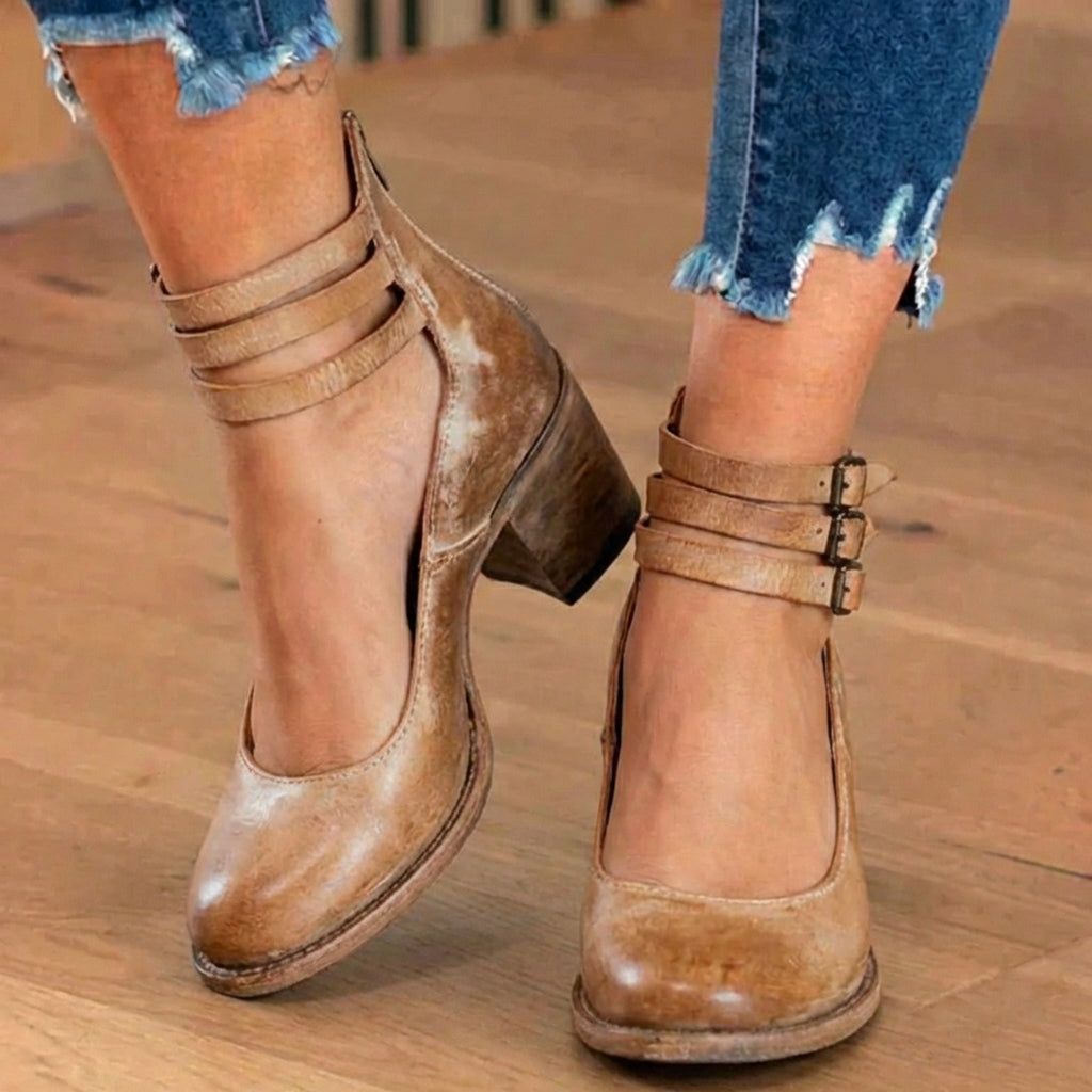 Orthopädische Lederstiefel - Blockabsatz mit doppeltem Schnallenverschluss