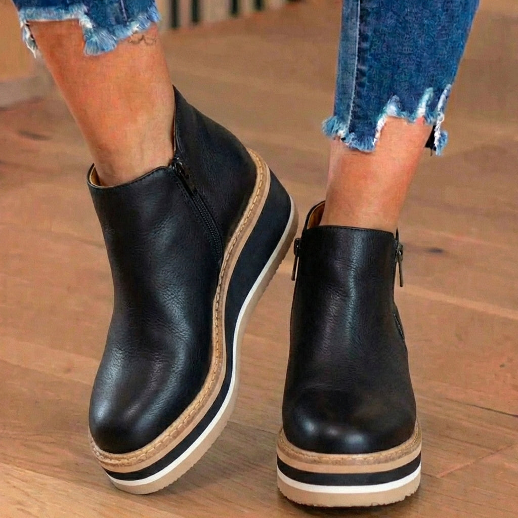 Orthopädische Leder-Plateau-Knöchelstiefel - Seitenschluss-Keilabsatz