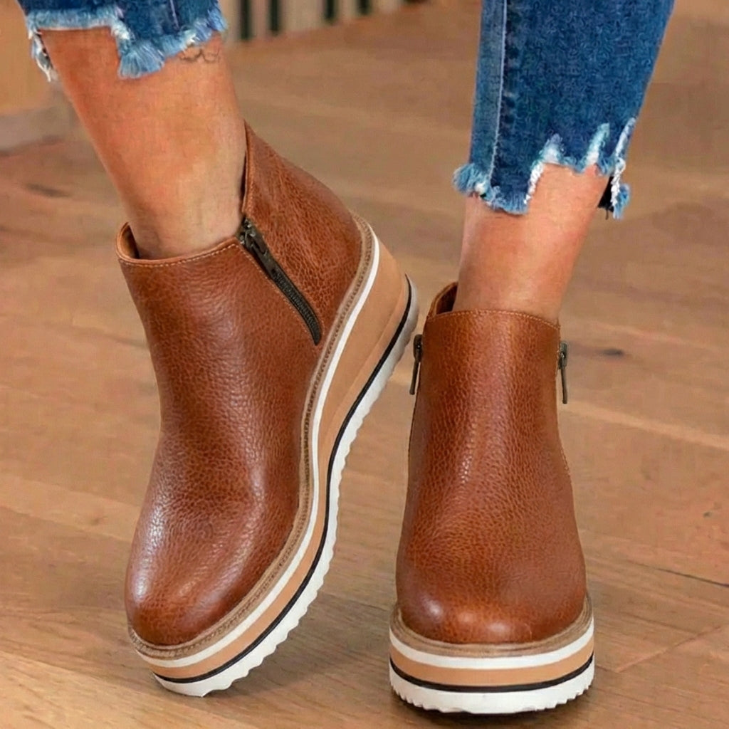 Orthopädische Leder-Plateau-Knöchelstiefel - Seitenschluss-Keilabsatz